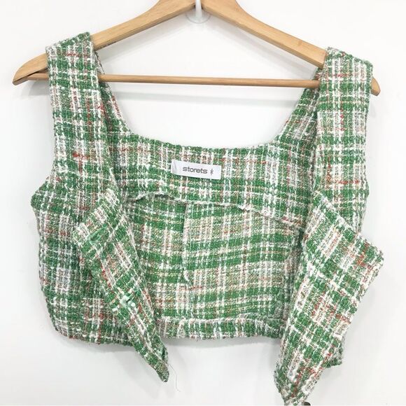 Storets DIANA Green White Plaid Tweed Pearl Button Crop Tank - Picture 5 of 11